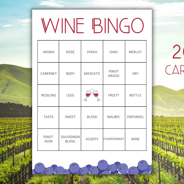 Bingo du vin | Jeux de Vin | Jeux d'oenologie | Voyage œnologique entre filles | Bachelorette vin | Douche nuptiale de domaine viticole | Jeu de Dégustation de Vins | Vin imprimable