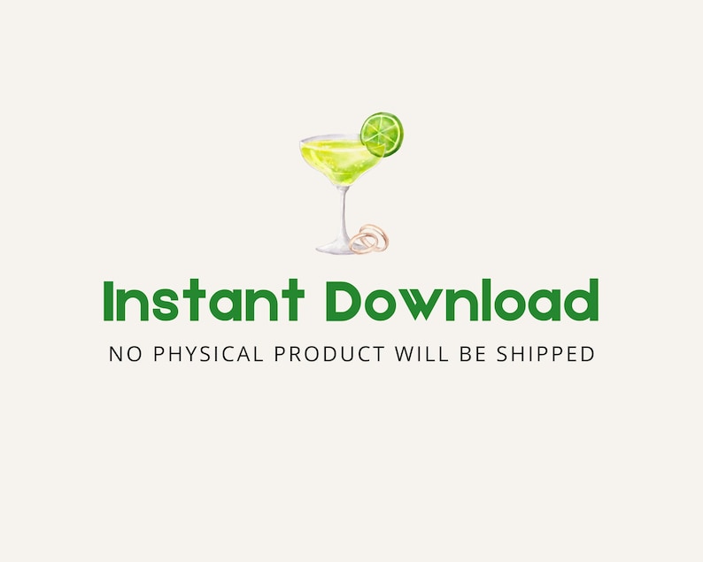 Pode incluir: Um gr&aacute;fico de download digital com uma ilustra&ccedil;&atilde;o de aquarela verde de um coquetel margarita com uma fatia de lim&atilde;o. O texto "Download instant&acirc;neo" est&aacute; em verde e o texto "NENHUM PRODUTO F&Iacute;SICO SER&Aacute; ENVIADO" est&aacute; em preto.