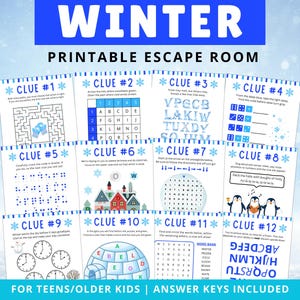 Op de afbeelding: Een afdrukbaar winter escape room-spel met 12 aanwijzingen. De blauw-witte spelvellen bevatten puzzels, woordspelletjes en raadsels. De tekst bovenaan luidt "WINTER PRINTABLE ESCAPE ROOM". De tekst onderaan luidt "FOR TEENS/OLDER KIDS | ANSWER KEYS INCLUDED".