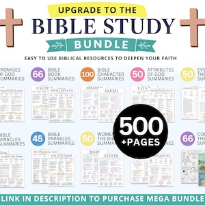 Pu&ograve; includere: Un pacchetto di studio biblico con oltre 500 pagine, inclusi riassunti di promesse, libri, personaggi, attributi ed eventi. L'immagine presenta una variet&agrave; di guide di studio con il testo "Upgrade to the Bible Study Bundle".