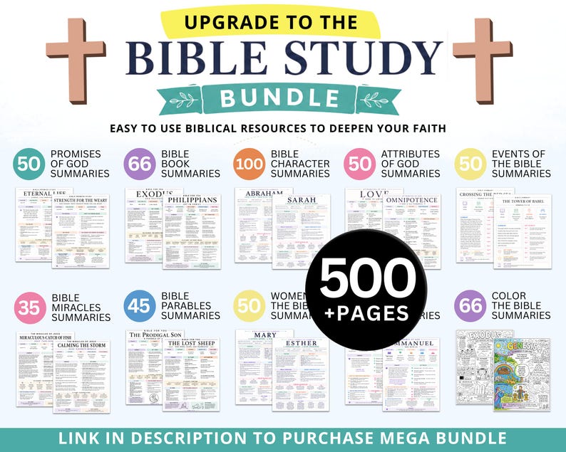Pu&ograve; includere: Un pacchetto di studio biblico con oltre 500 pagine, inclusi riassunti di promesse, libri, personaggi, attributi ed eventi. L'immagine presenta una variet&agrave; di guide di studio con il testo "Upgrade to the Bible Study Bundle".