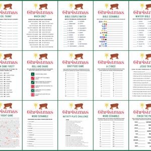 Op de afbeelding: Een printbaar kerstspelboekje met 12 verschillende spellen, waaronder Bijbelquiz, woordzoekpuzzels en een dankbaarheidsspel. De spellen zijn ontworpen om tijdens de kerstperiode met familie en vrienden te spelen.