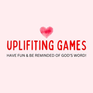 K&ouml;nnte beinhalten: Rote Herzgrafik mit dem Text "Uplifting Games" und dem Slogan "Have fun & be reminded of God's word!"
