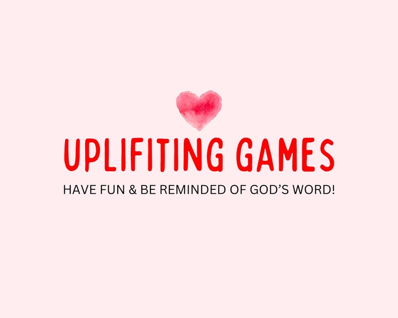 K&ouml;nnte beinhalten: Rote Herzgrafik mit dem Text "Uplifting Games" und dem Slogan "Have fun & be reminded of God's word!"