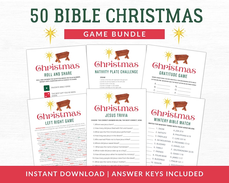 Op de afbeelding: Een printbare bundel met 50 Bijbelse kerstspellen. De spellen omvatten een rollen en delen spel, een kerststal-plaat uitdaging, een dankbaarheidsspel, een links-rechts spel, een Jezus-quiz en een winters Bijbels matchspel. De spellen zijn ge&iuml;llustreerd met een kribbe en een ster.