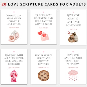 May include: Set of 20 printable love scripture cards for adults. Each card features a watercolor illustration and a bible verse about love. The illustrations include a padlock and key, a letter, two cats, a gumball machine, a cookie, and a cloud with raindrops.