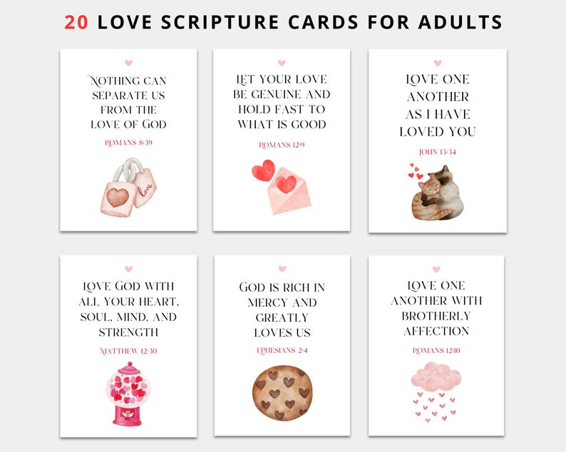May include: Set of 20 printable love scripture cards for adults. Each card features a watercolor illustration and a bible verse about love. The illustrations include a padlock and key, a letter, two cats, a gumball machine, a cookie, and a cloud with raindrops.