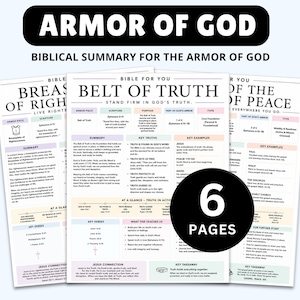 May include: A set of six educational pages titled Armor of God, featuring a biblical summary. Each page includes sections for scripture, purpose, key truths, and key examples, with a central page highlighting the Belt of Truth in black text.