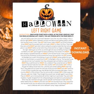 Könnte beinhalten: Ein druckbares Halloween-Spiel mit einer Kürbisillustration und dem Titel "Halloween Left Right Game". Die Spielanweisungen sind in schwarzer Schrift auf weißem Hintergrund geschrieben. Die Anweisungen erklären, dass ein Spieler mit einem Preis beginnt und der Preis je nach Geschichte nach links oder rechts weitergegeben wird. Die letzte Person mit dem Preis behält ihn.