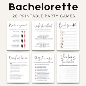 May include: Printable bachelorette party games with titles such as "Bride or Groom?", "Would She Rather?", "Bach Scramble", "Bridal Masterpiece", "Pass the Prize", and "Who Knows the Bride?"
