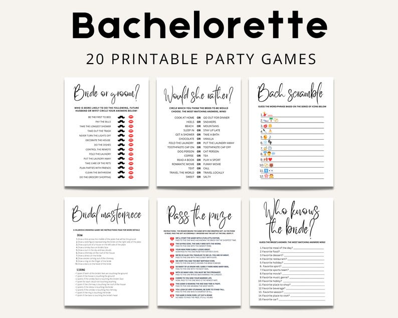 Peut inclure: Jeux de f&ecirc;te de bachelorette imprimables avec des titres comme "Bride or Groom?", "Would She Rather?", "Bach Scramble", "Bridal Masterpiece", "Pass the Prize", et "Who Knows the Bride?"