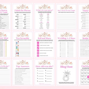 May include: A set of printable bridal shower game cards featuring a pink and white teacup theme. The games include "A Trip Down Memory Lane", "Finish the Phrase", "What's in Your Purse?", "Best Advice for the Couple", "Think Quick", "Raise Your Shoe", "Tea Scramble", "Roll and Share", "Wedding A-Z Race", "Bridal Jokes", "How Many in the Jar?", "Top Answers", "How Old Was She?", "Bling Hunt", and "Find the Guest".