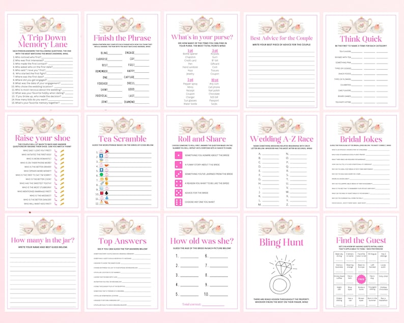 May include: A set of printable bridal shower game cards featuring a pink and white teacup theme. The games include "A Trip Down Memory Lane", "Finish the Phrase", "What's in Your Purse?", "Best Advice for the Couple", "Think Quick", "Raise Your Shoe", "Tea Scramble", "Roll and Share", "Wedding A-Z Race", "Bridal Jokes", "How Many in the Jar?", "Top Answers", "How Old Was She?", "Bling Hunt", and "Find the Guest".