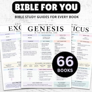 Könnte beinhalten: Ein Set von Bibelstudienblättern mit dem Text BIBLE FOR YOU und BIBLE STUDY GUIDES FOR EVERY BOOK. Die Seiten enthalten Abschnitte für Genesis, Exodus und Levitikus mit Zusammenfassungen, Themen, Charakteren und Versen sowie ein 66 BOOKS Abzeichen.