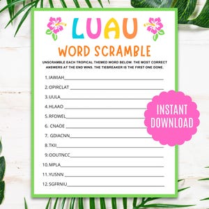 Luau Word Scramble | Luau Game |  Aloha Game | Luau Party Game | Luau Party | Luau Printables | Hawaii Game | Luau Birthday Party