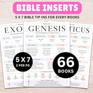 May include: White Bible inserts with text, including "Bible Inserts" and "5 x 7 Bible Tip Ins for Every Books." The inserts feature information on Exodus, Genesis, and Leviticus, with key themes, verses, and summaries. A black circle reads "66 Books."