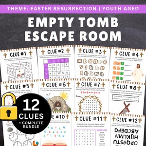 May include: A set of 12 Easter-themed escape room clues. The title "EMPTY TOMB ESCAPE ROOM" is prominently displayed. Each clue card contains puzzles, word games, and images, including a maze, word search, and an image of Jesus.