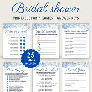 Blue Floral Bridal Shower Games: 25 Printable Party Games (Digital Download)