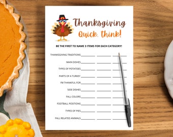 Quick Think Thanksgiving | Thanksgiving Games | Thanksgiving Games Families Adults Kids | Fun Thanksgiving Games | Thanksgiving Printable