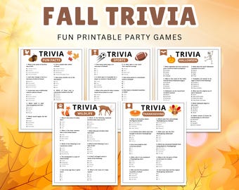 Puede incluir: Juegos de trivia imprimibles con temas de otoño, incluyendo Fun Facts, Deportes, Halloween, Vida Silvestre y Acción de Gracias. Los títulos son en marrón, con un diseño de fondo otoñal.