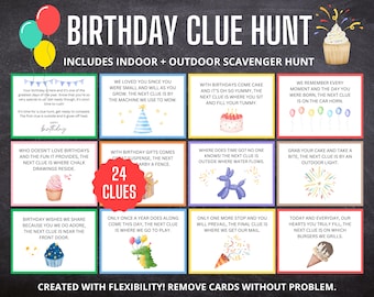 May include: A birthday clue hunt game with 24 clues, including indoor and outdoor scavenger hunt cards. The cards feature colorful illustrations of birthday-themed items like cake, balloons, and gifts, with playful text prompts.