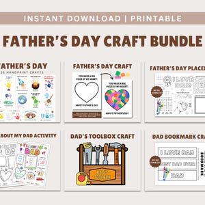 Op de afbeelding: Een afdrukbare Vaderdag knutselbundel met diverse activiteiten. Bevat handafdruk knutselwerkjes, placemats en knutselwerkjes met een gereedschapskist thema. De bundel bevat ook activiteiten zoals "Alles over mijn papa" en bladwijzers.