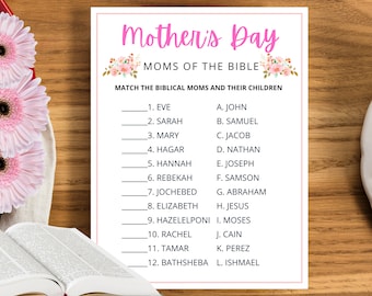 May include: A printable Mother's Day game with a pink background and floral accents. The game asks players to match biblical mothers with their children. The game includes 12 mothers and 12 children.