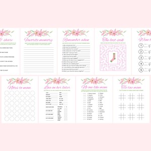 May include: A printable set of baby shower games with pink floral illustrations. The games include "Roll & Share", "Favorite Memory", "Remember When", "The Lost Sock", "Wine Tasting", "Notes to Mom", "Love on Her Later", "No One Like Mom", and "Tic Tac Mom".