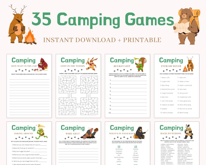 Camping Games Camping Games Kids Families Adults Camping Games Printable Camping Activities Camping Scavenger Hunt Campfire Games image 4