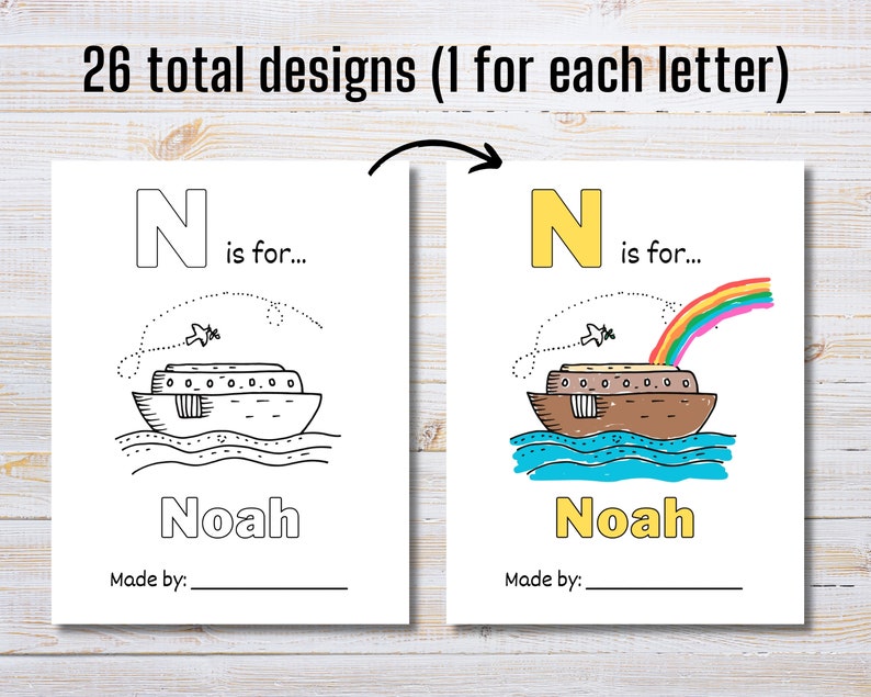 May include: Black and white coloring page featuring the letter N and a drawing of Noah's Ark. The text "N is for..." is written above the ark. The word "Noah" is written below the ark. The text "Made by:" is written below the word "Noah".