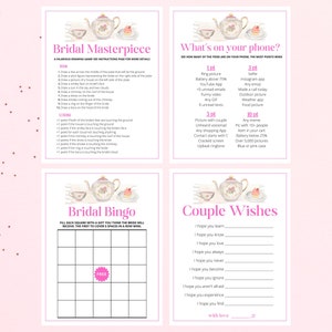 May include: A printable bridal shower game set with four cards. The cards feature a teapot and cupcake illustration and include games like "Bridal Masterpiece", "What's on your phone?", "Bridal Bingo", and "Couple Wishes".