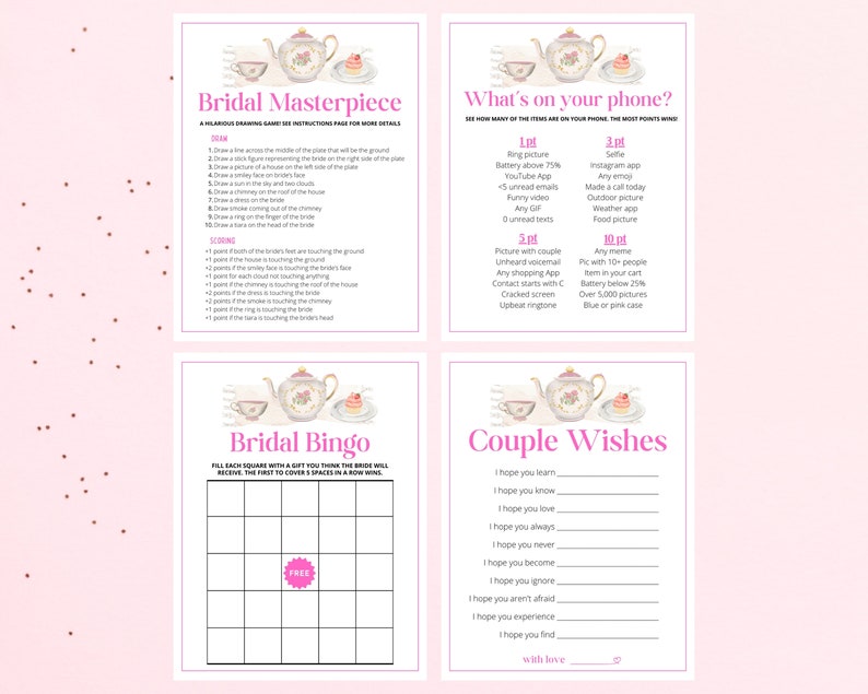 May include: A printable bridal shower game set with four cards. The cards feature a teapot and cupcake illustration and include games like "Bridal Masterpiece", "What's on your phone?", "Bridal Bingo", and "Couple Wishes".