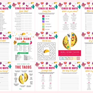 Peut inclure: Plusieurs jeux de f&ecirc;te imprimables pour le Cinco de Mayo. Les jeux comprennent des mots m&ecirc;l&eacute;s, des jeux de questions-r&eacute;ponses, un labyrinthe et des jeux de d&eacute;s. Les motifs pr&eacute;sentent des graphiques festifs et le texte "Cinco de Mayo".