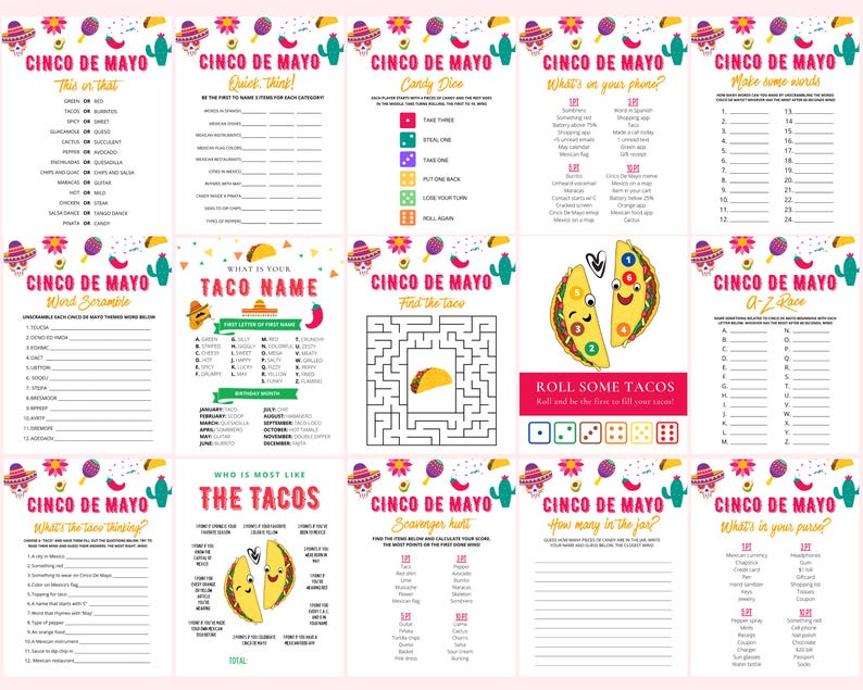 Peut inclure: Plusieurs jeux de f&ecirc;te imprimables pour le Cinco de Mayo. Les jeux comprennent des mots m&ecirc;l&eacute;s, des jeux de questions-r&eacute;ponses, un labyrinthe et des jeux de d&eacute;s. Les motifs pr&eacute;sentent des graphiques festifs et le texte "Cinco de Mayo".