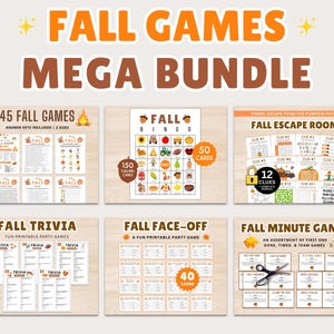 May include: A collection of printable fall games, including trivia, bingo, and an escape room. The image features the text "FALL GAMES MEGA BUNDLE" in orange and brown. Various game cards are displayed, with titles like "FALL FACE-OFF" and "FALL MINUTE GAMES".
