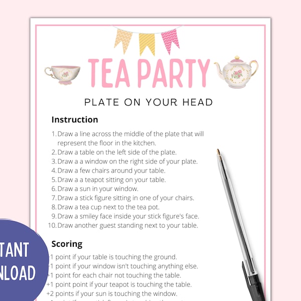 Plate on Head Game | Tea Party Games | Tea Party Games Adults Kids Toddler | Tea Party Printable Games | Tea Party Bridal Baby Shower