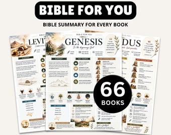Könnte beinhalten: Eine Sammlung von Bibel-Zusammenfassungsblättern mit dem Text BIBLE FOR YOU und 66 BOOKS. Jede Seite zeigt Buchtitel wie GENESIS, LEVITICUS und EXODUS, ergänzt durch illustrierte Szenen, Schlüsselthemen, Charaktere, Zeitlinien und Bibelverse.