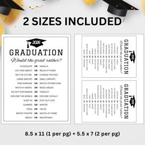 May include: Graduation party game cards with the text "2026 GRADUATION Would the grad rather?" in black. The cards are white with black text and a graduation cap graphic. Two sizes are included: 21.6 x 27.9 cm and 14 x 17.8 cm.
