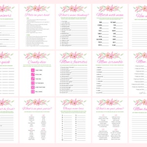 May include: A printable set of 12 pink and green floral themed game cards for a baby shower. The cards include games like "Top Answers", "Plate on Your Head", "What's Mom Thinking?", "Match with Mom", "How Many?", "Think Quick", "Candy Dice", "Mom's Favorites", "Mom Scramble", "Mom Wishes", "Moms Can't Be Fired!", "What's in Your Purse?", "Things Mom Loves", "What's on Your Phone?", and "Mom Bucket List".