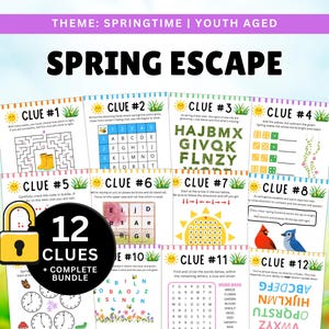 Pode incluir: Um conjunto de 12 folhas de atividades com o tema Spring Escape para jovens. Cada folha apresenta uma pista com quebra-cabeças, labirintos e caça-palavras. As folhas são decoradas com imagens de sol, flores e pássaros. O título "Spring Escape" é exibido no topo.