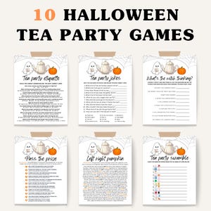 May include: Ten printable Halloween tea party games with a ghost and pumpkin theme. The games include "Tea Party Etiquette", "Tea Party Jokes", "What's the Witch Thinking?", "Pass the Prize", "Left Right Pumpkin", and "Tea Party Scramble".