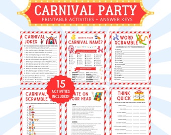 May include: A set of 15 printable carnival party games with red and white striped borders. The games include carnival jokes, a word scramble, a carnival name game, a carnival scramble, a game called "Think Quick", and a game called "State on Your Head".