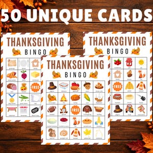 Puede incluir: Tres tarjetas de juego de bingo de Acci&oacute;n de Gracias con el texto 50 UNIQUE CARDS. Cada tarjeta contiene una cuadr&iacute;cula de iconos estacionales que incluyen pavos, calabazas, cornucopias y hojas de oto&ntilde;o.