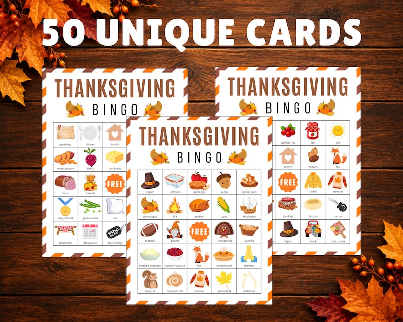 Puede incluir: Tres tarjetas de juego de bingo de Acci&oacute;n de Gracias con el texto 50 UNIQUE CARDS. Cada tarjeta contiene una cuadr&iacute;cula de iconos estacionales que incluyen pavos, calabazas, cornucopias y hojas de oto&ntilde;o.