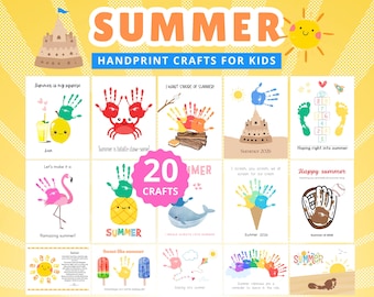 Puede incluir: Un póster colorido con el texto "SUMMER HANDPRINT CRAFTS FOR KIDS". El póster presenta varios proyectos de arte con huellas de manos, incluyendo un cangrejo, una piña, un castillo de arena y una ballena. El tema general es la diversión veraniega.