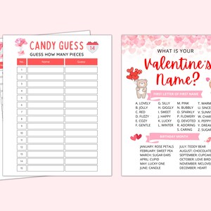 May include: A printable Valentine's Day game with a pink and red color scheme. The game includes a candy guess sheet with 15 lines for players to guess how many pieces of candy are in a jar. The second sheet is a Valentine's Day name game with a list of letters and a corresponding birthday month and candy.