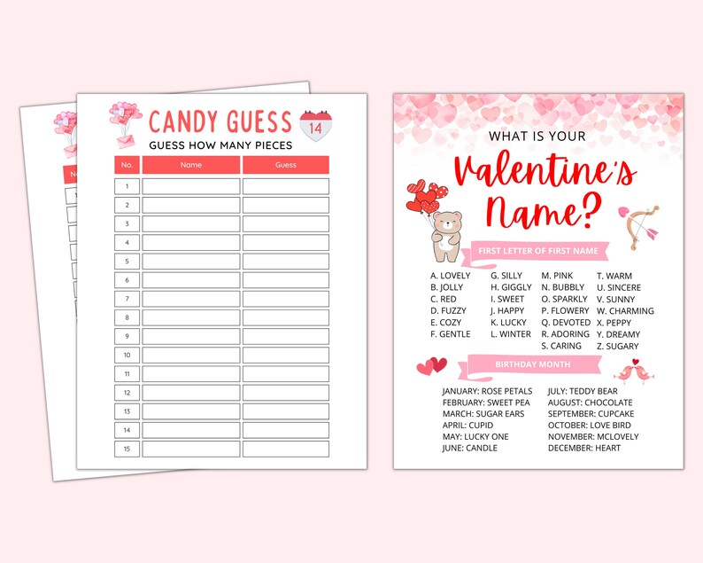 May include: A printable Valentine's Day game with a pink and red color scheme. The game includes a candy guess sheet with 15 lines for players to guess how many pieces of candy are in a jar. The second sheet is a Valentine's Day name game with a list of letters and a corresponding birthday month and candy.