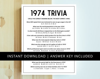 1974 Trivia / Juego de fiesta de cumpleaños 50 / Nacido en 1974 / Juego de cumpleaños 50 / Juego de 1974 / Juego de cumpleaños de 1974 / Juego 50 / Juego imprimible