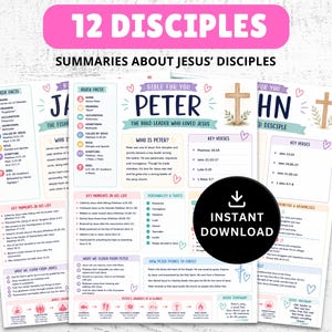 May include: A set of educational printables titled 12 Disciples Summaries About Jesus' Disciples, featuring individual sheets for Peter and John with text, bullet points, and cross illustrations. A black circular instant download icon is overlaid.