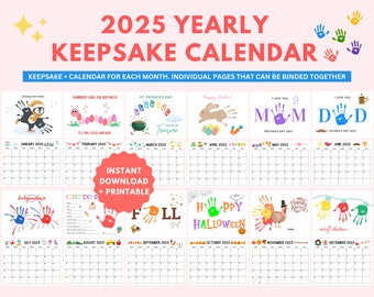 May include: A printable 2025 yearly calendar with a different handprint design for each month. The calendar is designed for kids and features fun illustrations like a penguin, a caterpillar, a bunny, a turkey, and a Christmas tree. The text "INSTANT DOWNLOAD + PRINTABLE" is in a red circle.
